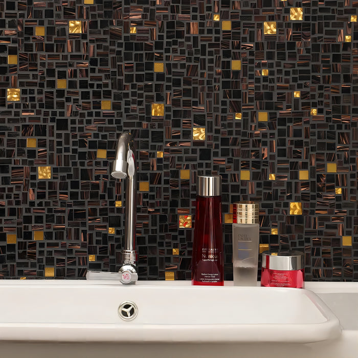 Klimt Randomly Dark Brown Black Gold Glass Mosaic Wall and Floor Decor Backsplash Tile CGMT2402
