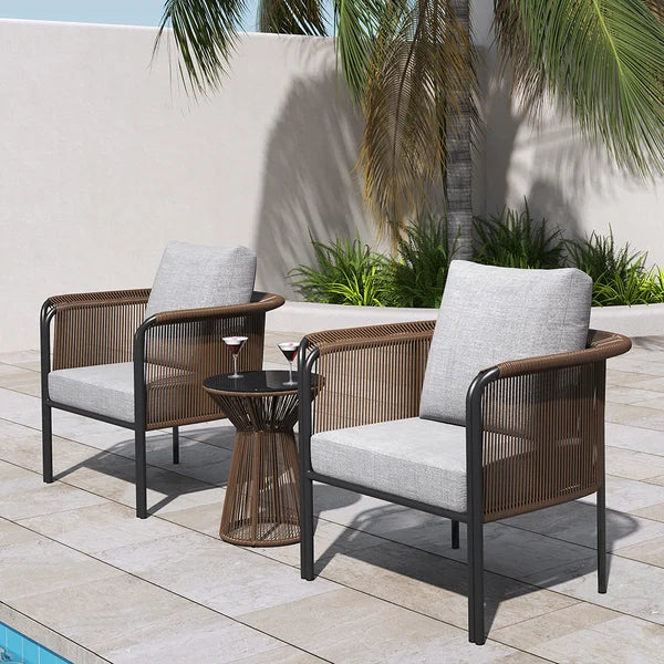 3 Pieces Modern Coffee Rattan Outdoor Sofa Set with Glass Top Coffee Table and Gray Cushion ODF014