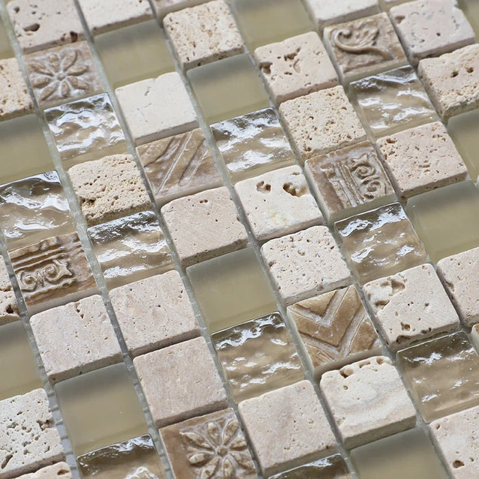 11 PCS Beige Frosted Glass Mix Stone Mosaic Bathroom Wall Tile JMFGT2026 Kitchen Backsplash Glass Tiles - My Building Shop