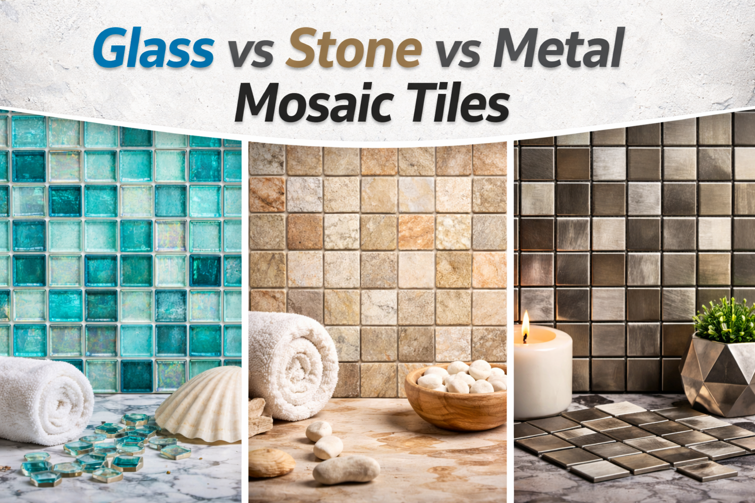 Glass vs Stone vs Metal Mosaic Tiles:  Pros, Cons & Best Uses
