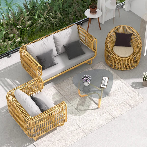4 Pieces Rattan Outdoor Sofa Set with Glass Top Coffee Table and Cushions in Yellow ODF015
