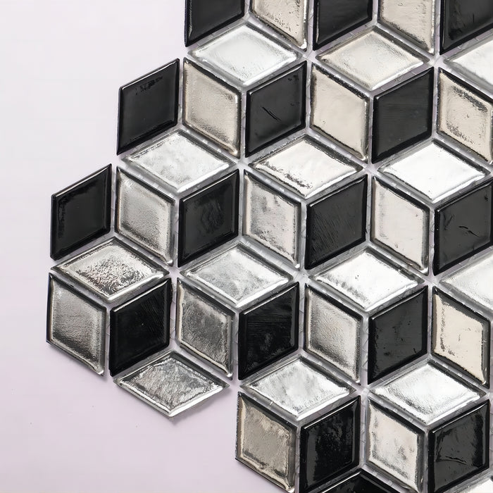 Silver Foil Mix Black Hexagon Diamond Glass Mosaic Backsplash Wall Tile CGMT2414