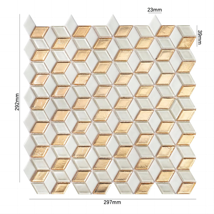 Rhombus Gold Foil Mix White Hexagon Diamond Glass Mosaic Bathroom Tile CGMT2416
