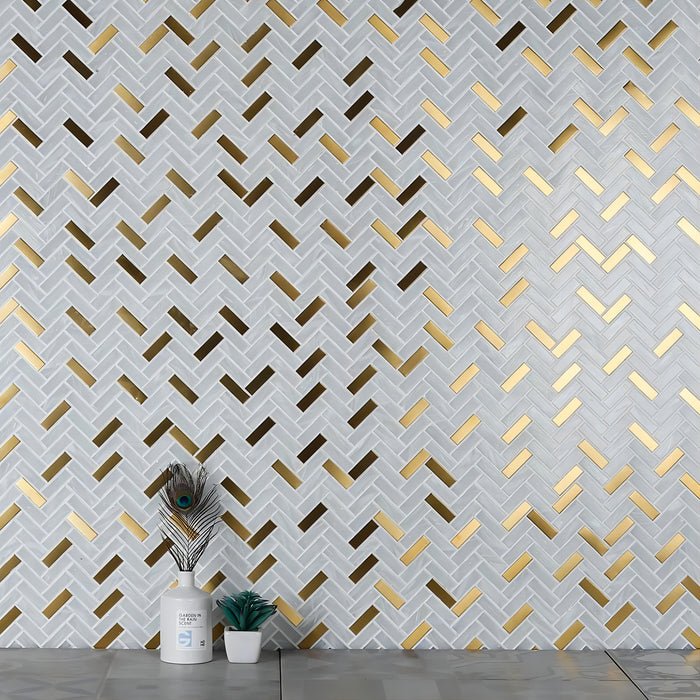 Herringbone White Glass Mixed Gold Metal Mosaic Stainless Steel Wall Tiles CGMT2427