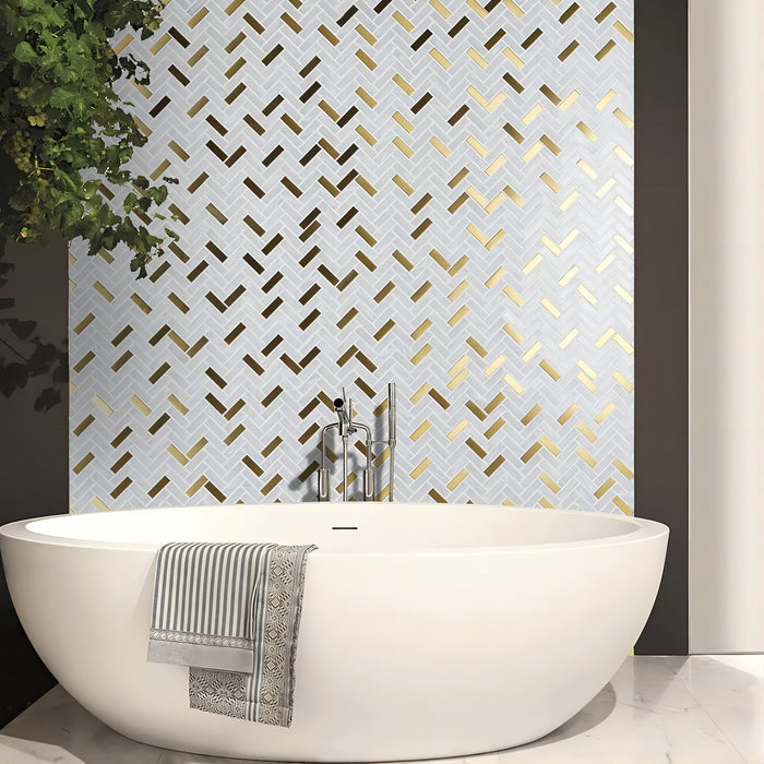 Herringbone White Glass Mixed Gold Metal Mosaic Stainless Steel Wall Tiles CGMT2427