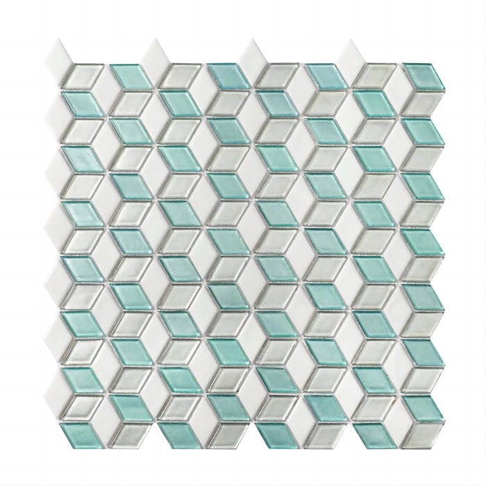 Mint Blue Light Gray 3D Rhombus Mosaic Glass Wall Tile Backsplash CGMT2426