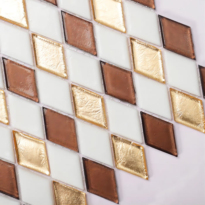 Rhombus Gold Brown White Checkerboard Diamond Glass Mosaic Wall Tile Backsplash CGMT2422