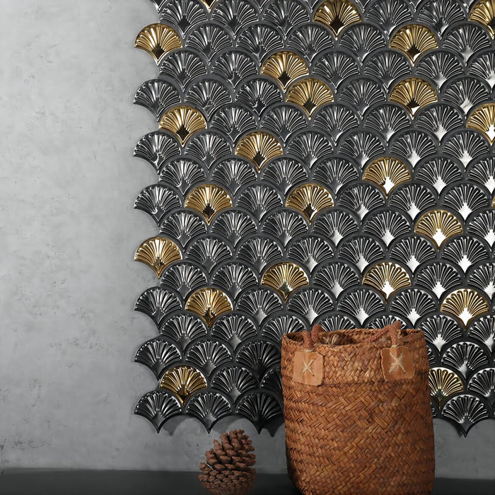 Texture Mermaid Fish Scales 3D Black Gold Metal Stainless Steel Mosaic Tile SMMT2442