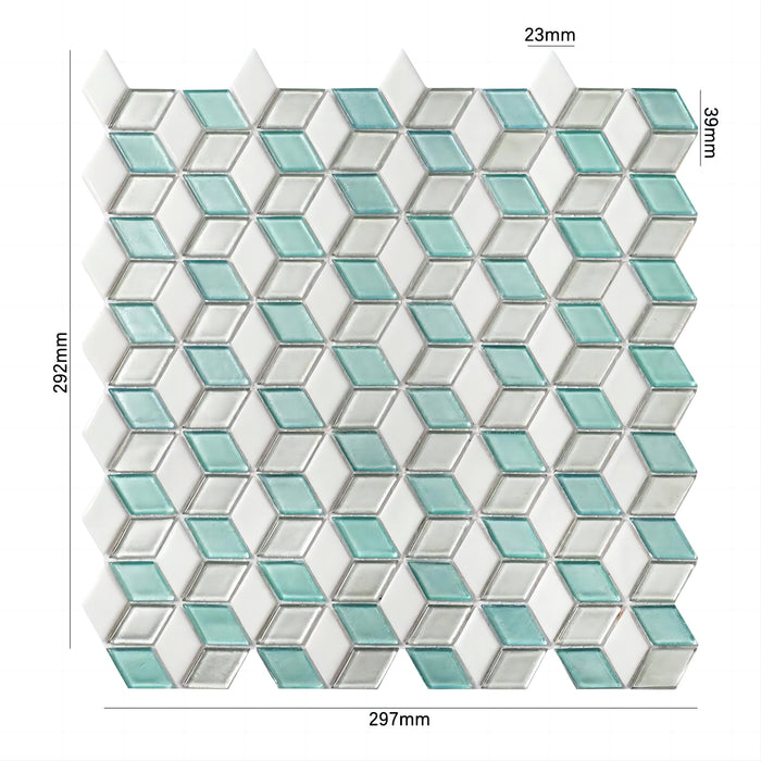 Mint Blue Light Gray 3D Rhombus Mosaic Glass Wall Tile Backsplash CGMT2426