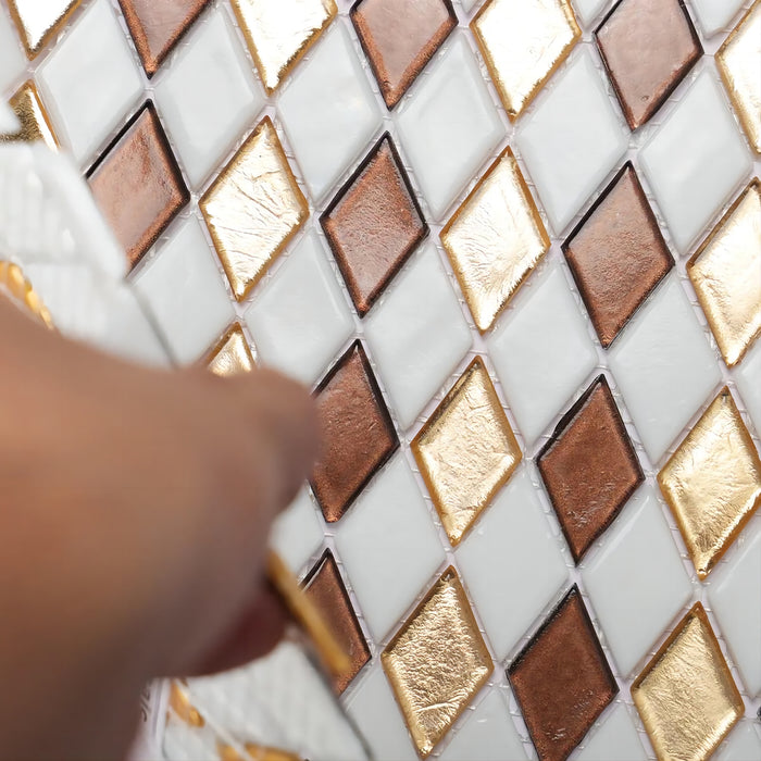 Rhombus Gold Brown White Checkerboard Diamond Glass Mosaic Wall Tile Backsplash CGMT2422