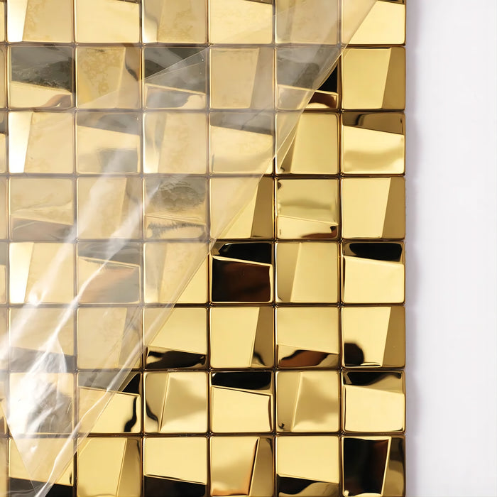 3D Gold Glossy Stainless Steel Metal Square Mosaic Wall Backsplash Tile SMMT2441