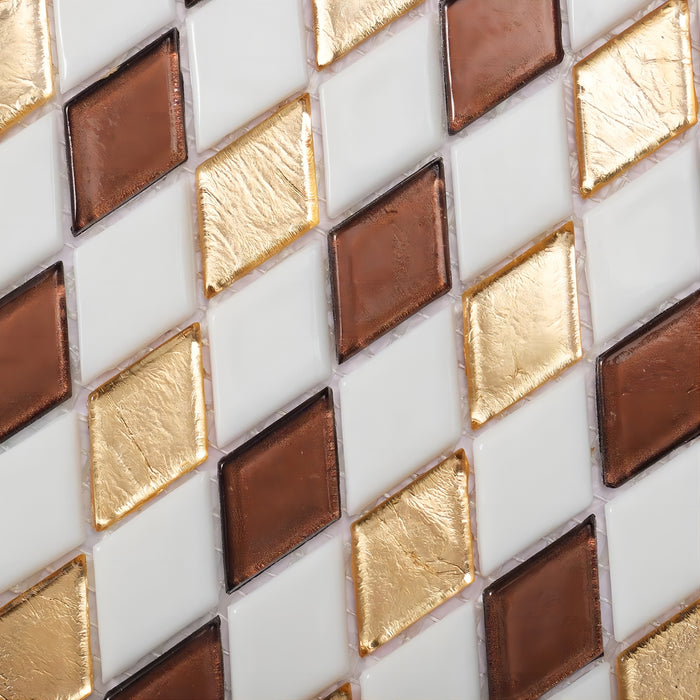 Rhombus Gold Brown White Checkerboard Diamond Glass Mosaic Wall Tile Backsplash CGMT2422