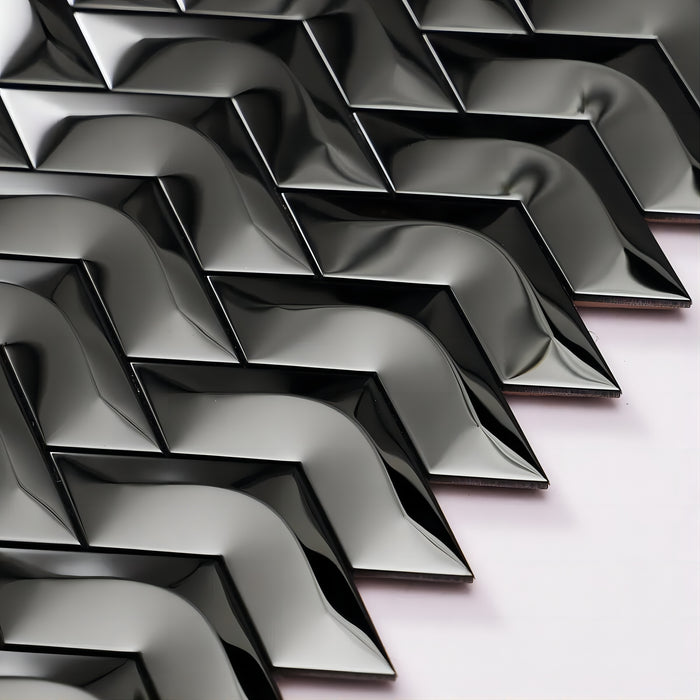 Glossy Black Chevron 3D Mirror Metal Tile in Stainless Steel Mosaic Backsplash SMMT2438
