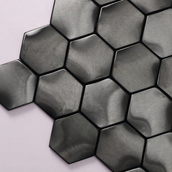 3D Black Metal Brushed Stainless Steel Hexagon Mosaic Wall Tile Backsplash SMMT2437