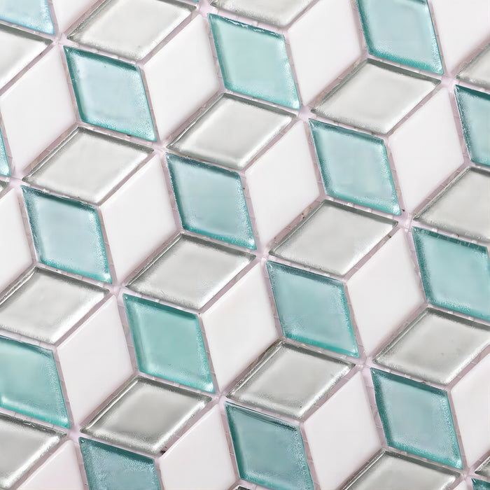 Mint Blue Light Gray 3D Rhombus Mosaic Glass Wall Tile Backsplash CGMT2426