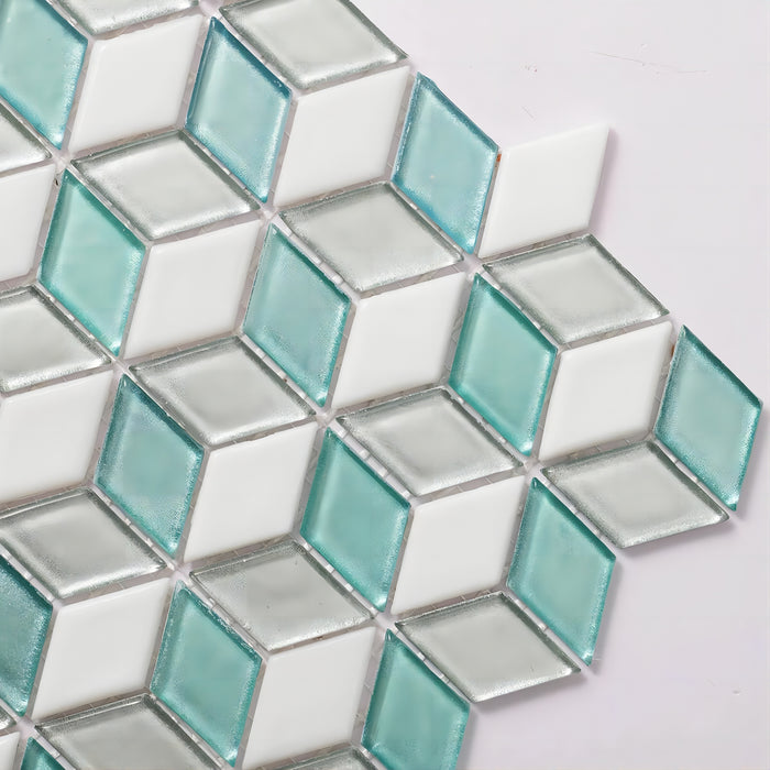 Mint Blue Light Gray 3D Rhombus Mosaic Glass Wall Tile Backsplash CGMT2426