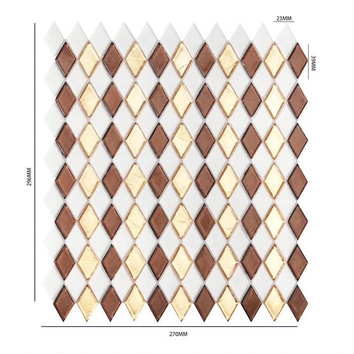 Rhombus Gold Brown White Checkerboard Diamond Glass Mosaic Wall Tile Backsplash CGMT2422