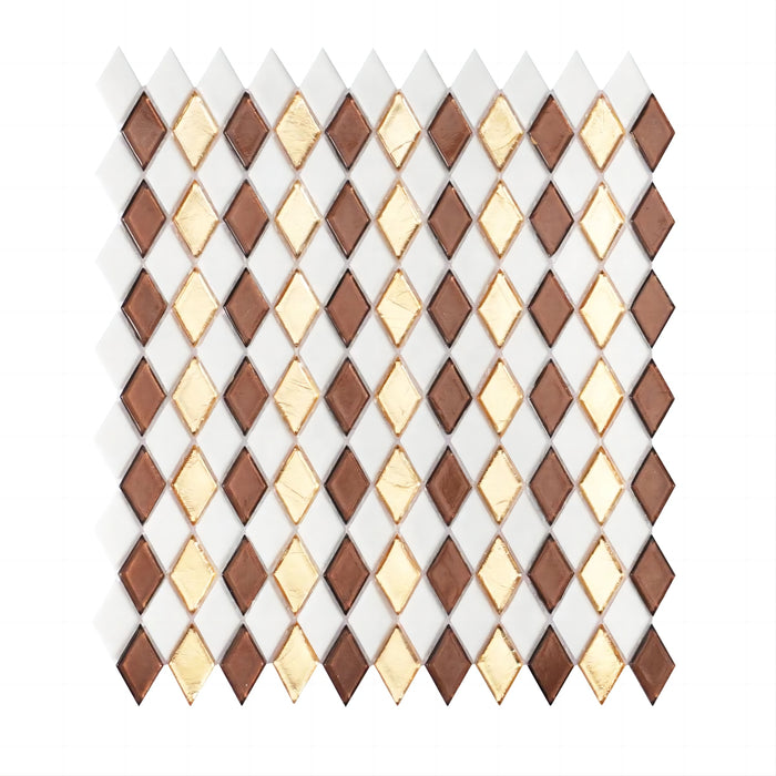 Rhombus Gold Brown White Checkerboard Diamond Glass Mosaic Wall Tile Backsplash CGMT2422