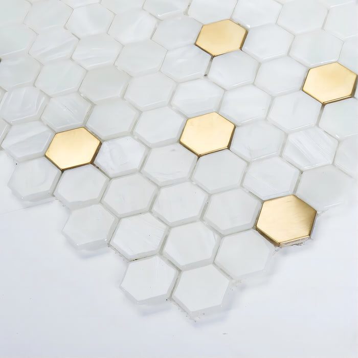 Mélange de verre blanc hexagonal en nid d'abeille de luxe léger Dosseret de carreaux de mosaïque en métal doré SSMT2127