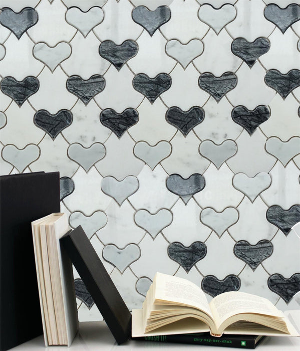 Water Jet Heart Shape Mosaic Natural Gray Mix White Marble Tile for Kitchen Backsplash Wall Flooring Tiles STMT06251