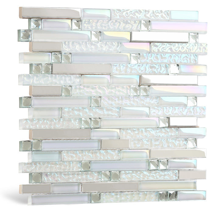 Iridescent White Glass Silver Chrome Stainless Steel Interlocking Mosaic Tile