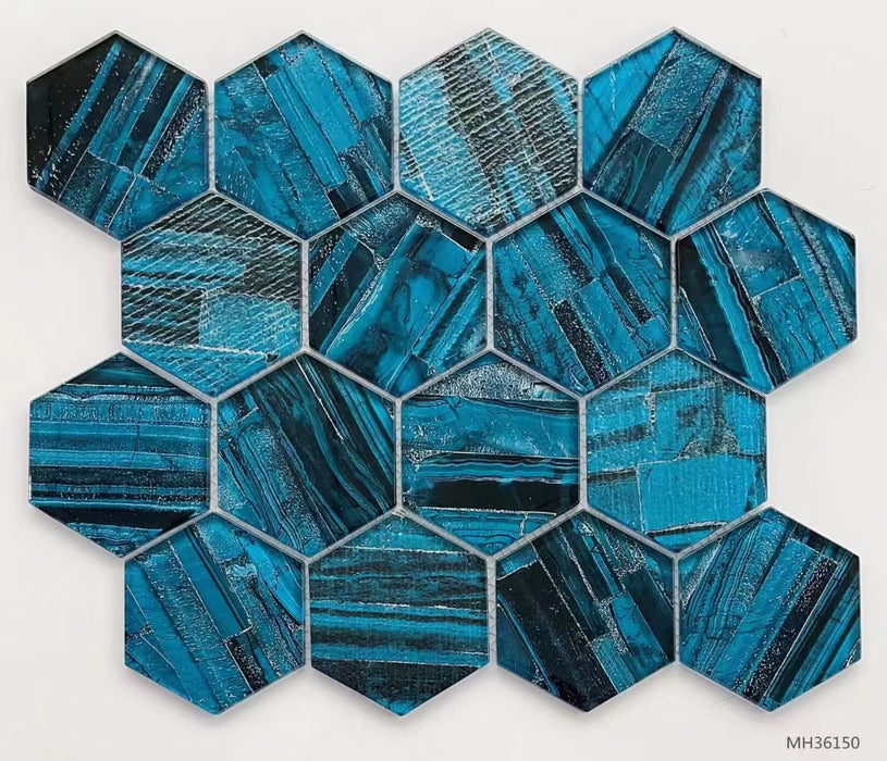 Starry Sky Hexagon Glass Mosaic Blue Mix Black Kitchen Backsplash Bathroom Wall Tile CGMT06301