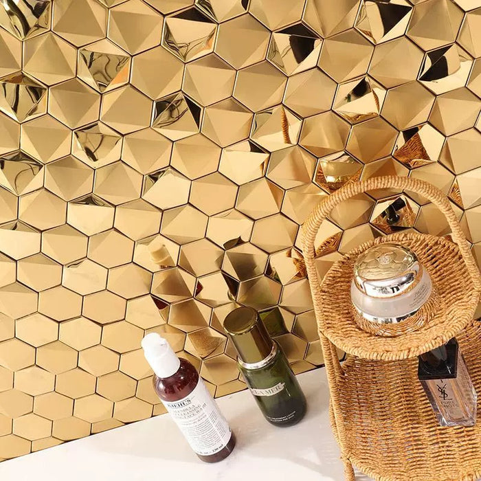 Gold 3D Hexagon Metal Stainless Steel Mosaic for Bathroom Hotel Bar Counter Wall Tiles SSMT241119