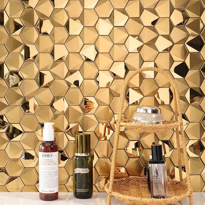 Gold 3D Hexagon Metal Stainless Steel Mosaic for Bathroom Hotel Bar Counter Wall Tiles SSMT241119