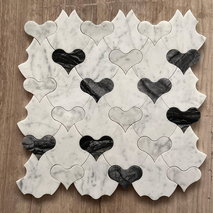 Water Jet Heart Shape Mosaic Natural Gray Mix White Marble Tile for Kitchen Backsplash Wall Flooring Tiles STMT06251