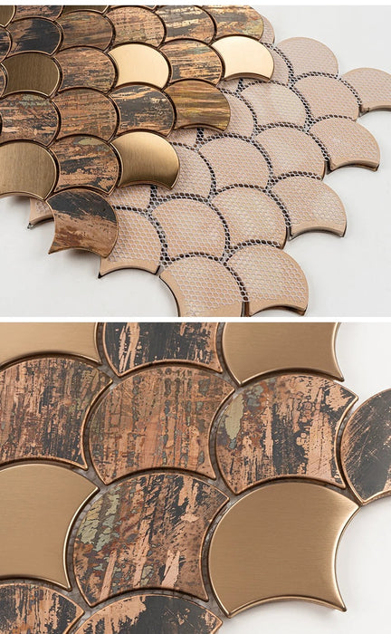 Fish Scale Fan Shape Copper Vintage Metal Stainless Steel Mosaic Kitchen Wall Tiles Backsplash SSMT1204