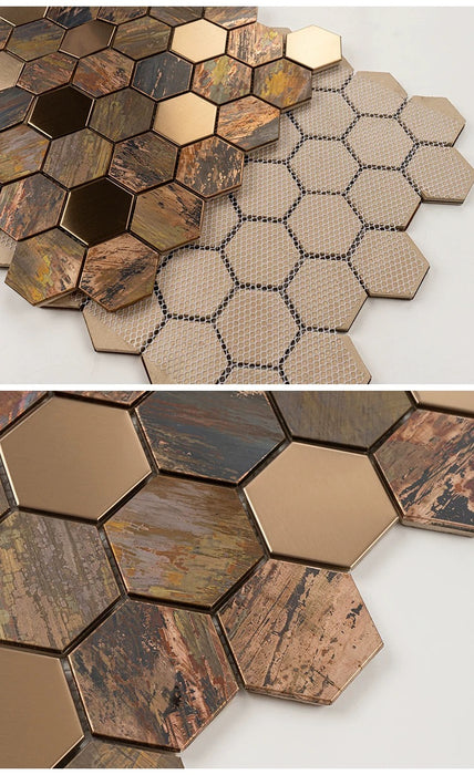 Vintage Hexagon Copper Metal Stainless Steel Mosaic Background Kitchen Wall Tile Backsplash SSMT1205