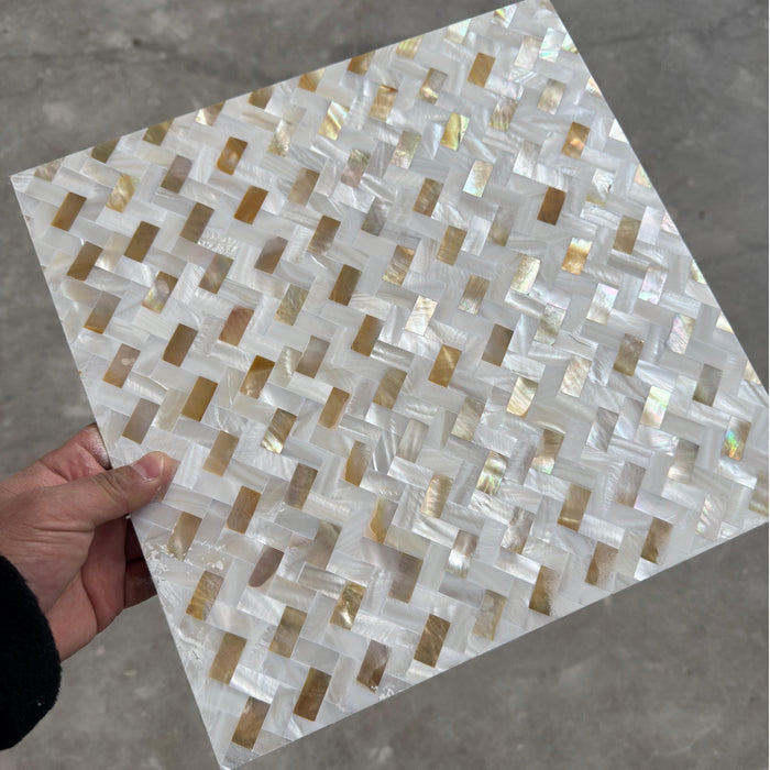 Herringbone Weave Seamless Gold Mix White Mother of Pearl Tile Backsplash Shell Mosaic Wall MOPSL031