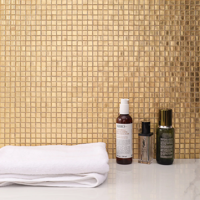 Square Gold Foil Glass Mosaic Tile for Backsplash Kitchen Bathroom Wall Decor