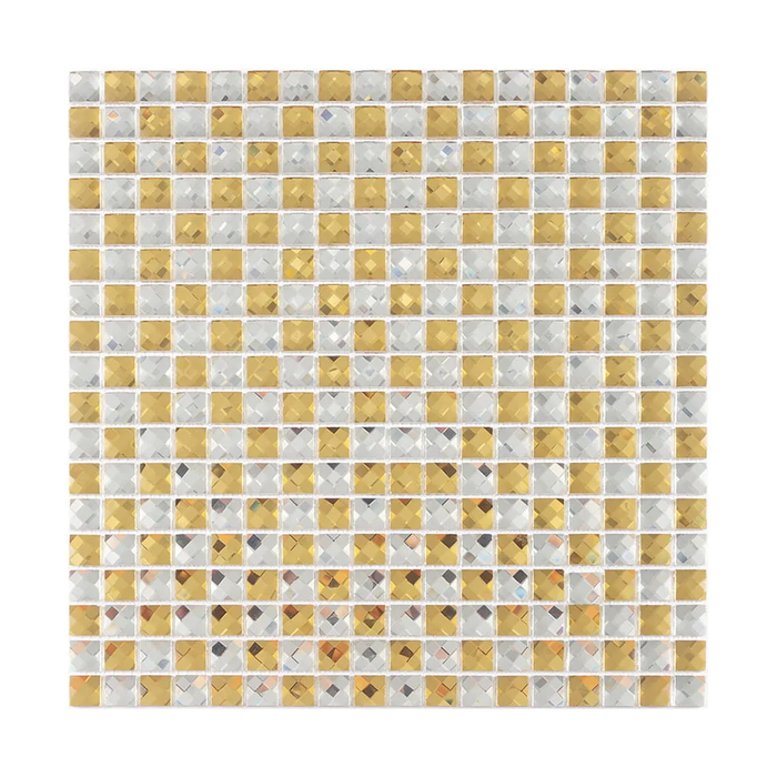 Gold and Clear Silver Checkerboard Mosaic Crystal Glass Backsplash Tile