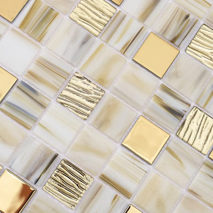 Beige and Gold Textured Glass Mosaic Kitchen Backsplash Bathroom Wall Tile