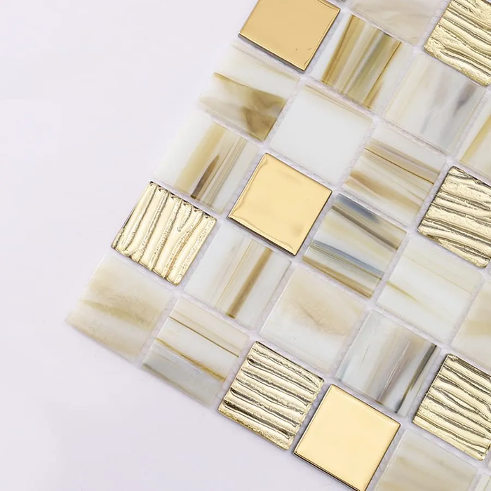Beige and Gold Textured Glass Mosaic Kitchen Backsplash Bathroom Wall Tile
