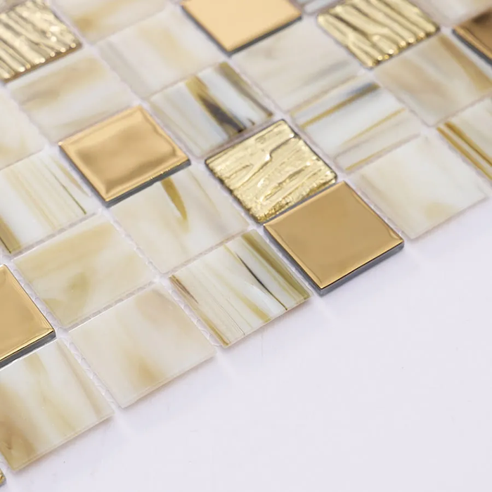 Beige and Gold Textured Glass Mosaic Kitchen Backsplash Bathroom Wall Tile