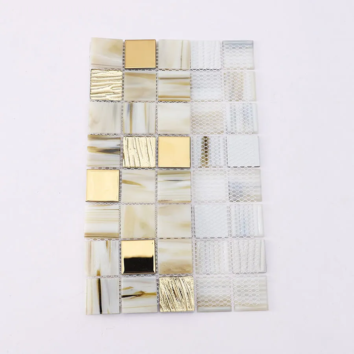 Beige and Gold Textured Glass Mosaic Kitchen Backsplash Bathroom Wall Tile