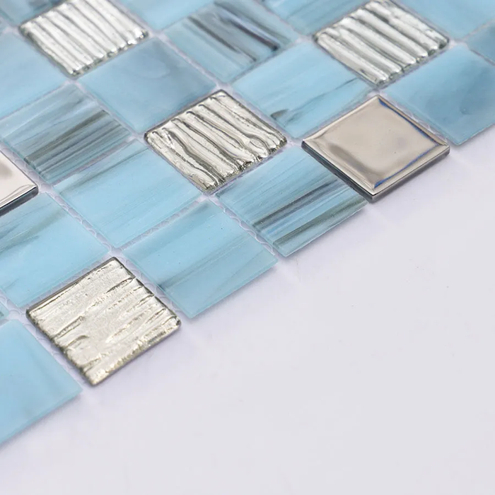 Light Blue and Silver Square Textured Glass Mosaic Tile for Walls and Floor