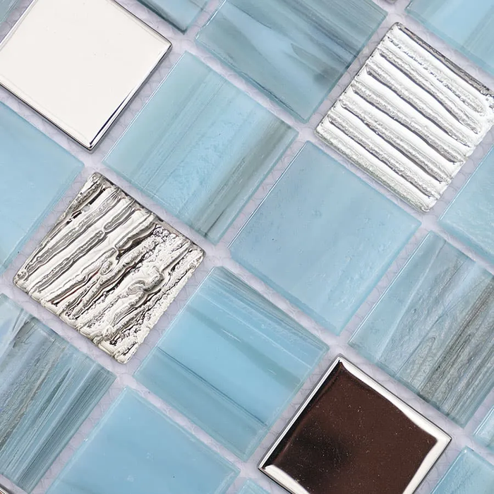 Light Blue and Silver Square Textured Glass Mosaic Tile for Walls and Floor