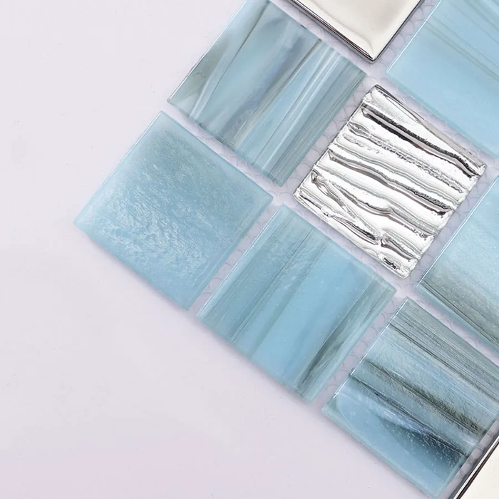 Light Blue and Silver Square Textured Glass Mosaic Tile for Walls and Floor