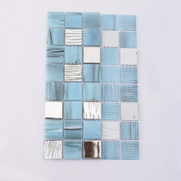 Light Blue and Silver Square Textured Glass Mosaic Tile for Walls and Floor