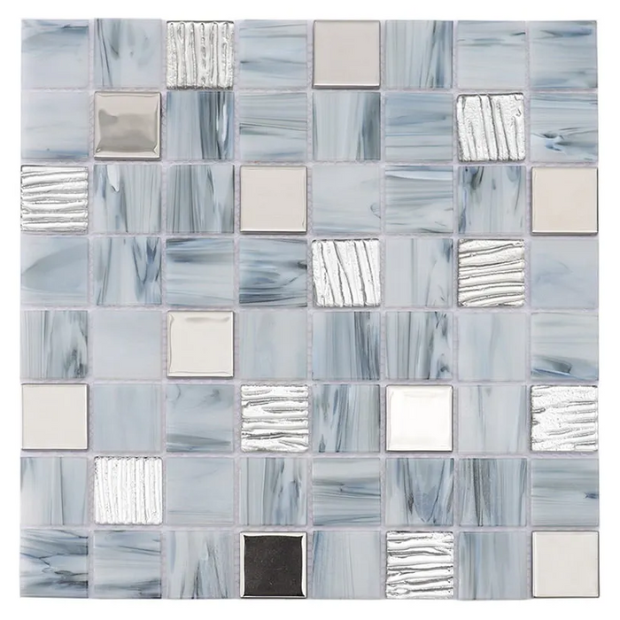 Blue Gray and Silver Square Textured Glass Mosaic Backsplash Wall Floor Tile