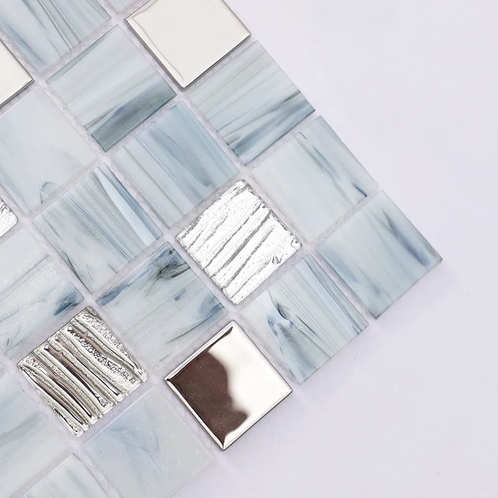 Blue Gray and Silver Square Textured Glass Mosaic Backsplash Wall Floor Tile