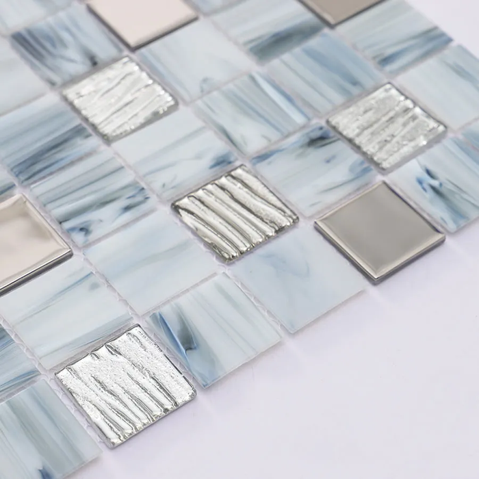 Blue Gray and Silver Square Textured Glass Mosaic Backsplash Wall Floor Tile