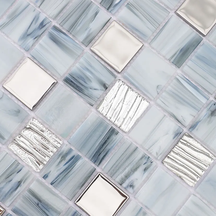 Blue Gray and Silver Square Textured Glass Mosaic Backsplash Wall Floor Tile