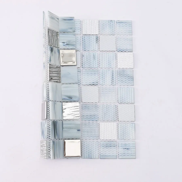 Blue Gray and Silver Square Textured Glass Mosaic Backsplash Wall Floor Tile