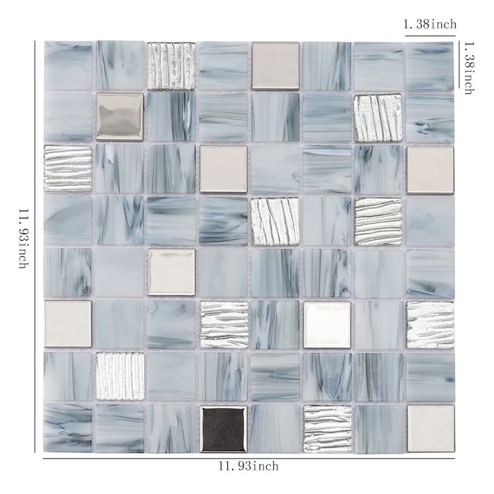 Blue Gray and Silver Square Textured Glass Mosaic Backsplash Wall Floor Tile