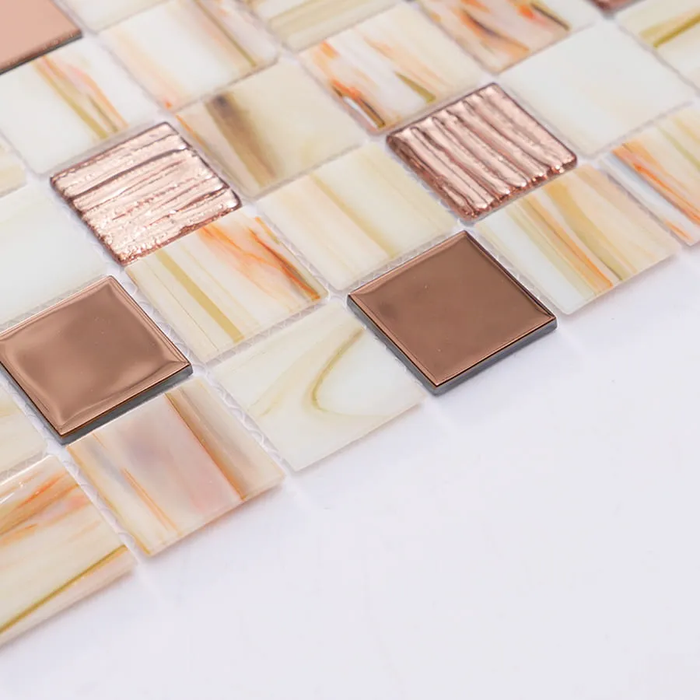 Beige Rose Gold Textured Glass Mosaic Kitchen Backsplash Bathroom Wall Tile