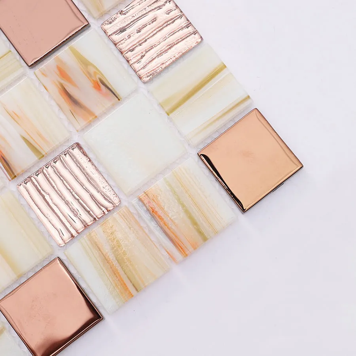Beige Rose Gold Textured Glass Mosaic Kitchen Backsplash Bathroom Wall Tile